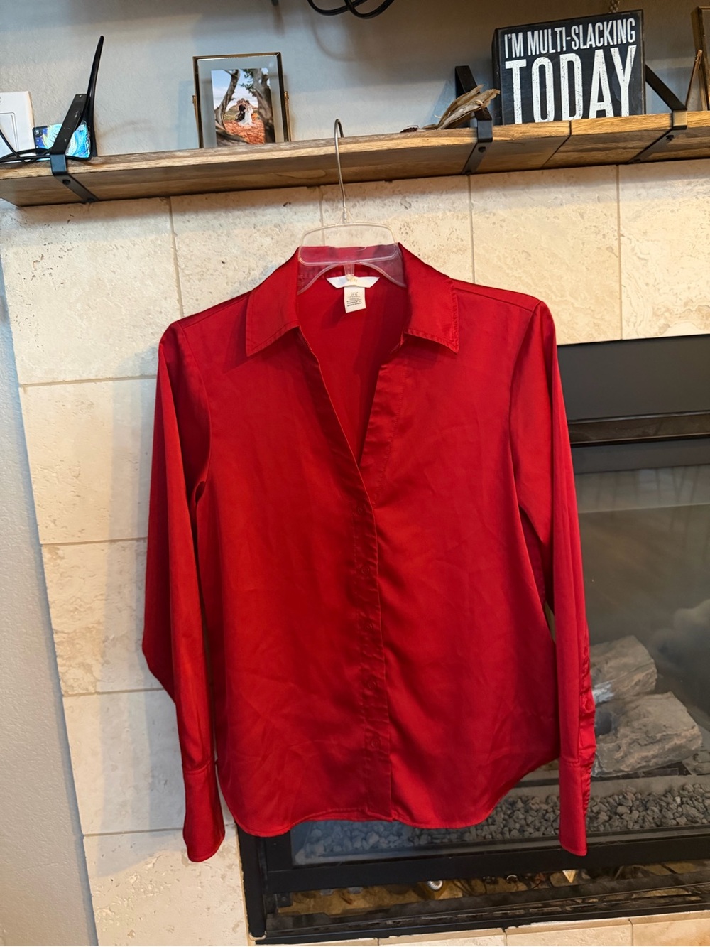 H&M Red Satin Button-Down Shirt with Classic Collar